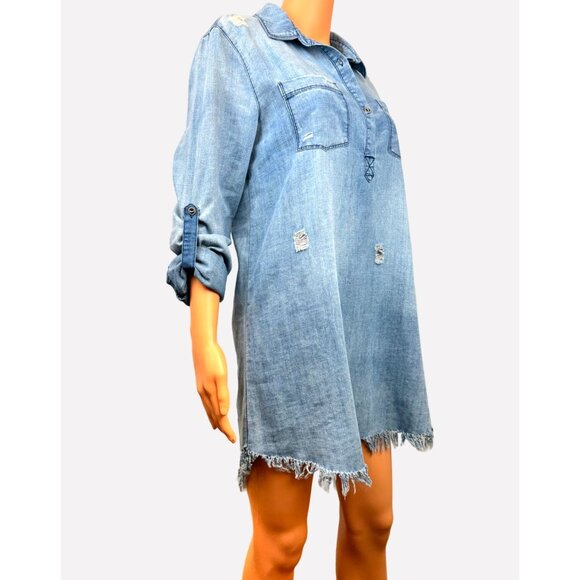Distressed Denim Shirt Dress By En Crème Size M Long-Sleeve Frayed Hem Button-Up - Picture 11 of 11